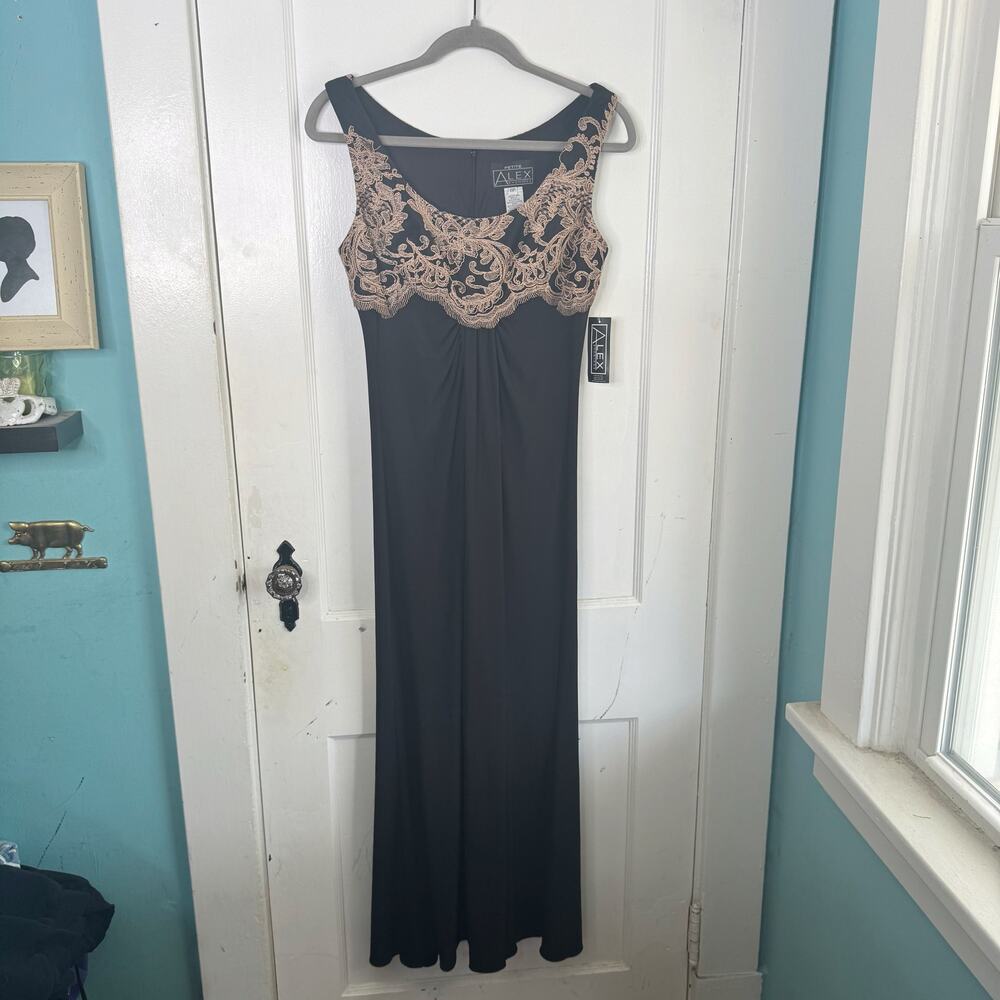 Alex Evenings Petite Black Stone Maxi Dress Lace Detail NEW Size 6 Petite 6P